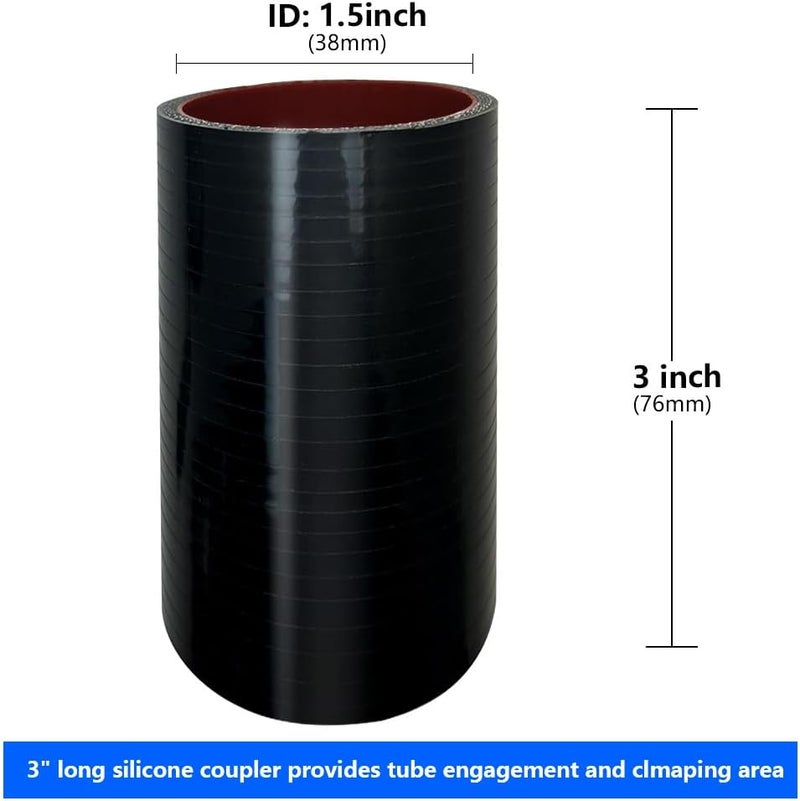 KDP 1.5" Straight Silicone Hose Coupler with 2 SS304 Worm Clamps, High Temp 4-Ply Reinforced 5MM Wall 3.0" Length (Qty 1) For Pipes Connecting Black - Image 2